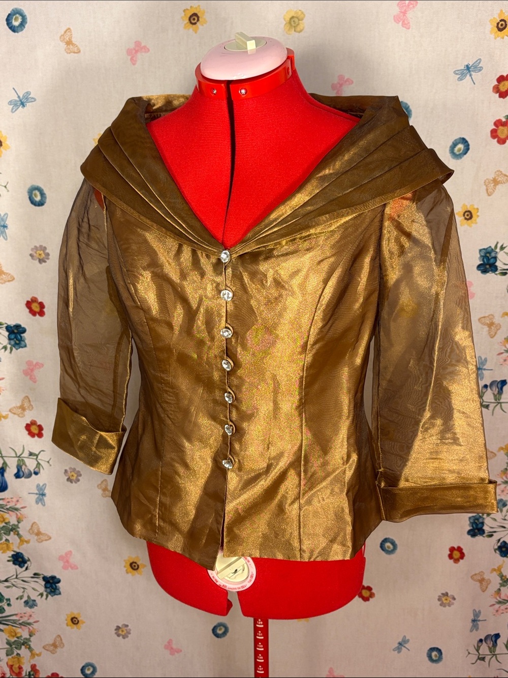 Vintage Alex Evenings - Metallic Gold Button-Front Blouse w/ Wide Draped Collar